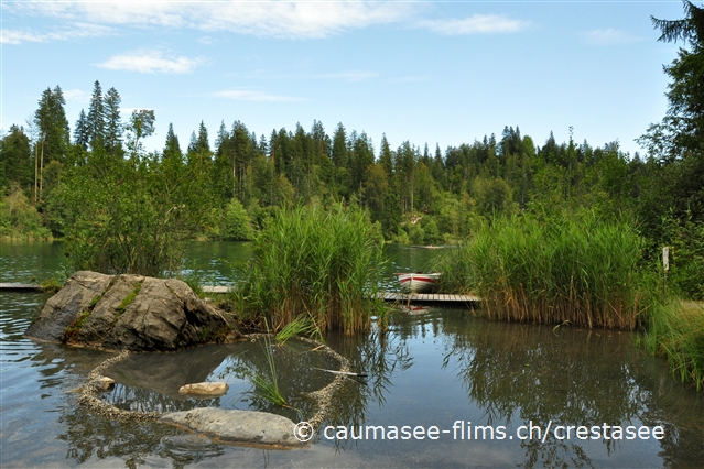 Blick vom Ufer des Crestasees ber das Kinderbecken