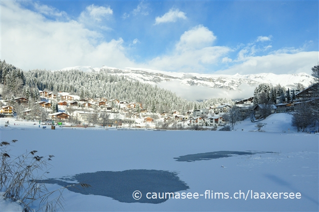 Blick ber den verschneiten Laaxersee, Richtung Flimserstein